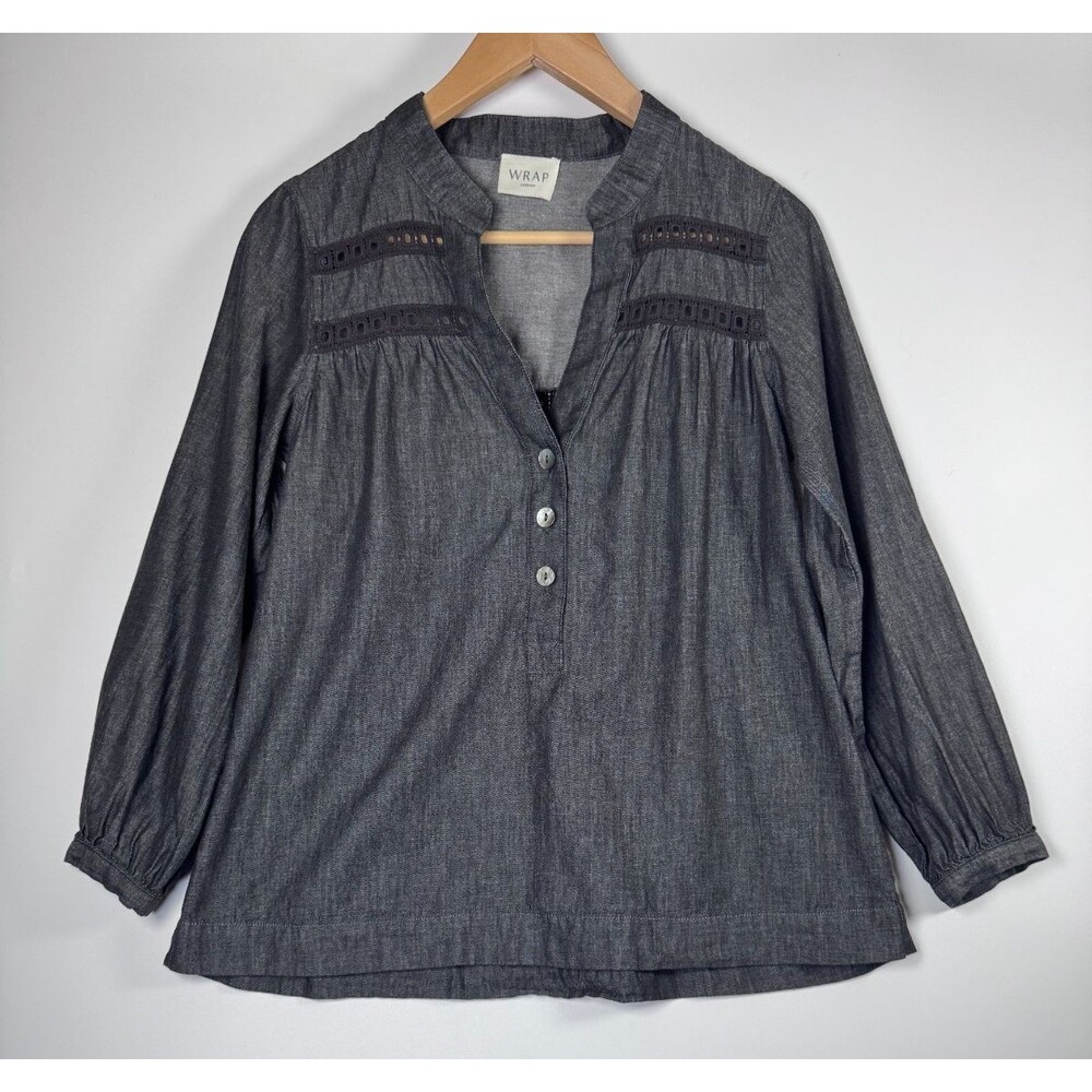 Wrap London Blouse Womens 2 Gray‎ Charcoal Chambray Cotton Eyelet Pleated V Neck